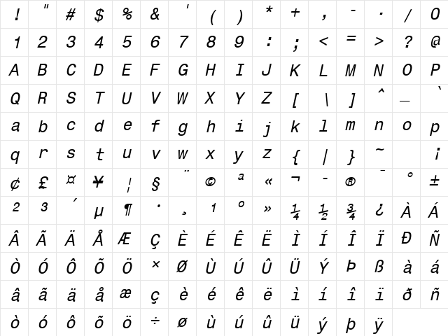 Corporate Mono Oblique  glyph index