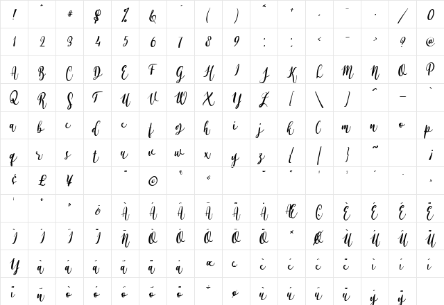 Alyssa Calligraphy Regular  glyph index