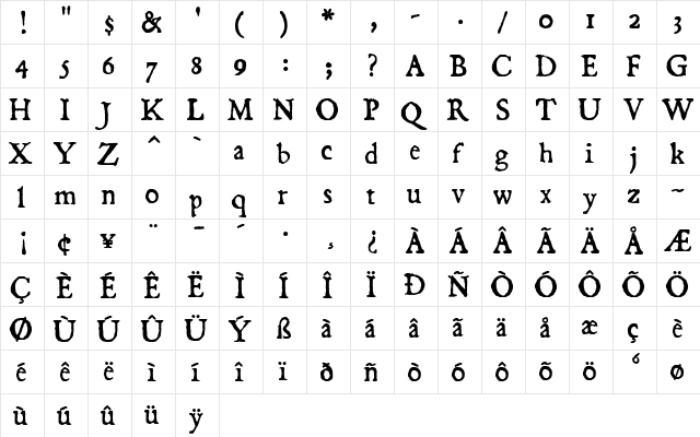 Dominican Regular  glyph index