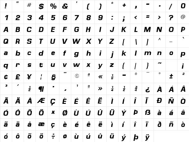 MinimaSSK Bold Italic  glyph index