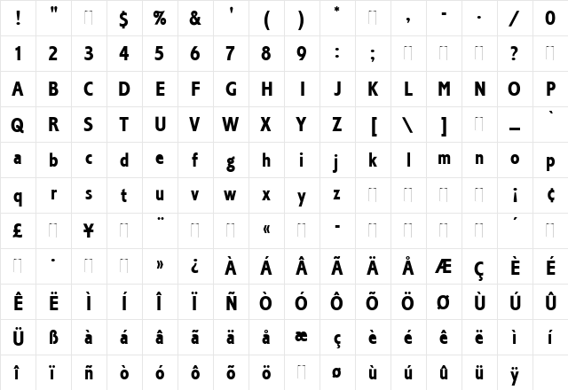 Corinthian Bold Condensed Regular  glyph index