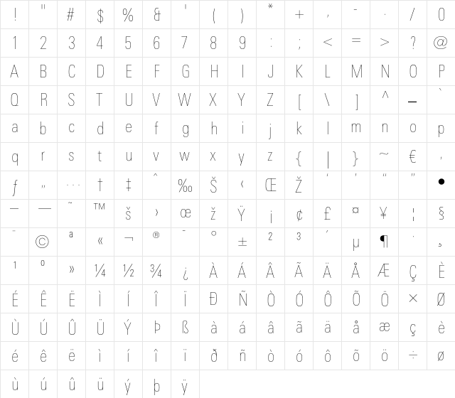 LTUnivers 120 CondUltLt  glyph index