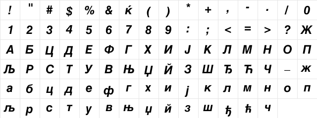 CSwiss Bold-Ita Regular  glyph index