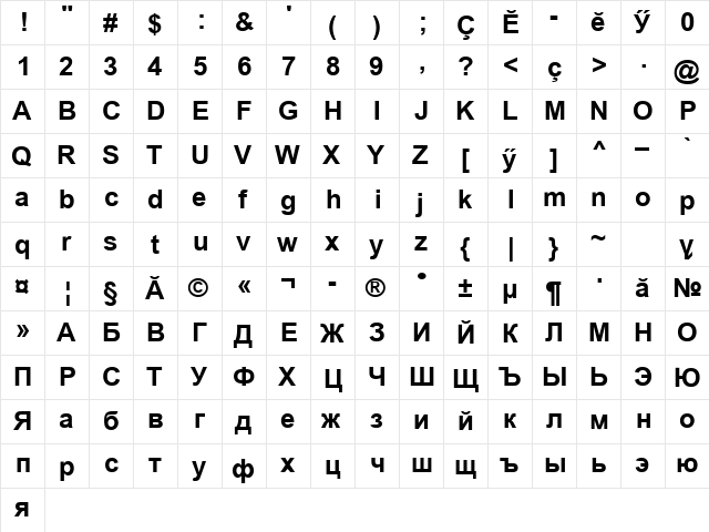 Arial Cyr Chuv CNP Bold  glyph index