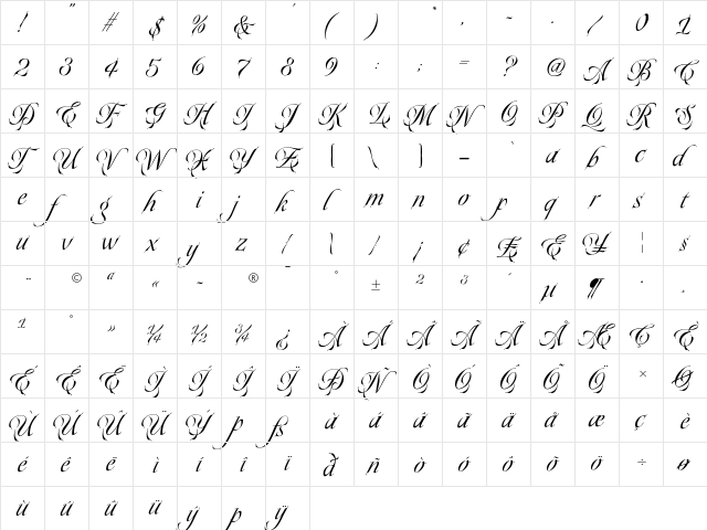 Plumage Regular  glyph index
