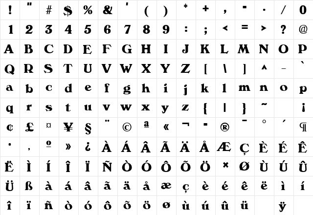 Verona Bold  glyph index