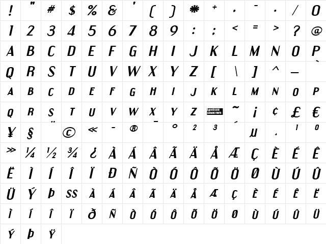 Engebrechtre Expanded Bold Italic  glyph index