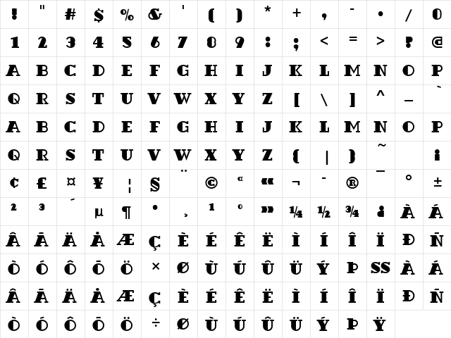 Dextor Becker Black Regular  glyph index