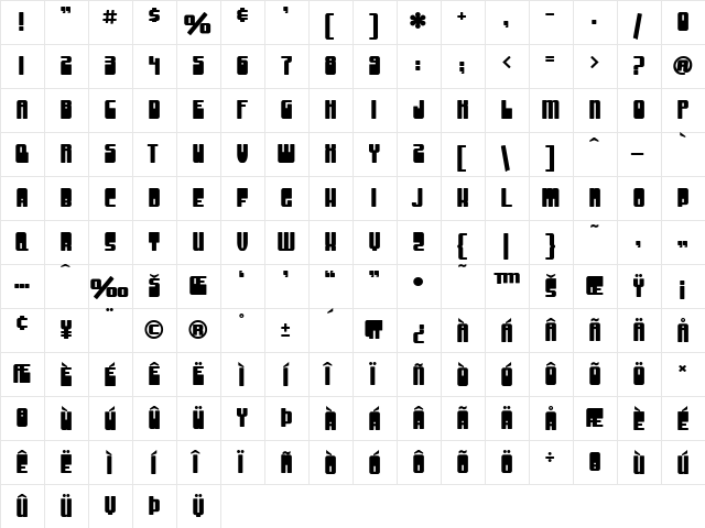 SF Groove Machine Upright Bold  glyph index