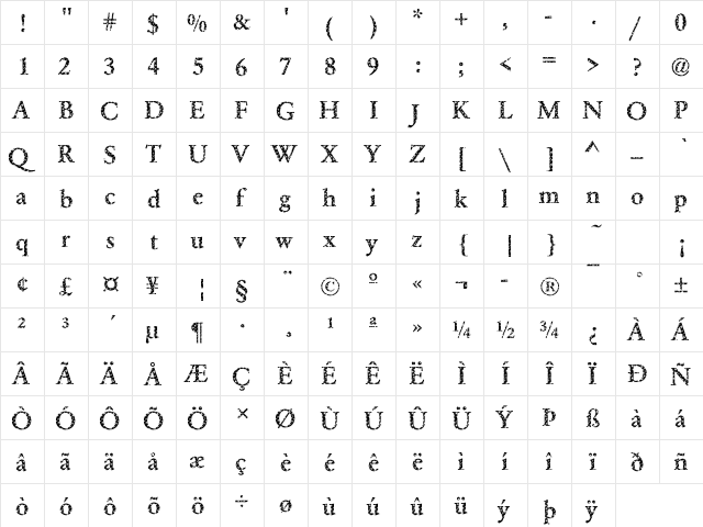DTCGaramondM31 Regular  glyph index