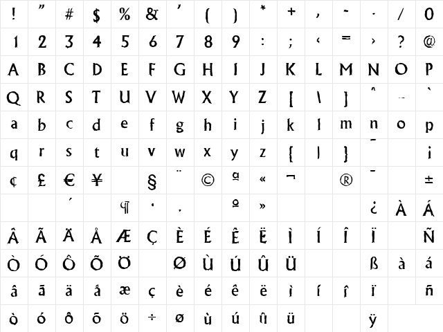 JacobBeckerAntique-Medium Regular  glyph index