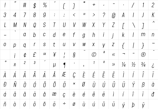 Mohave Light Italic  glyph index