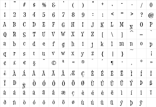FanfareJF Regular  glyph index