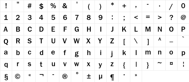 FranklinGothicMediumC Regular  glyph index