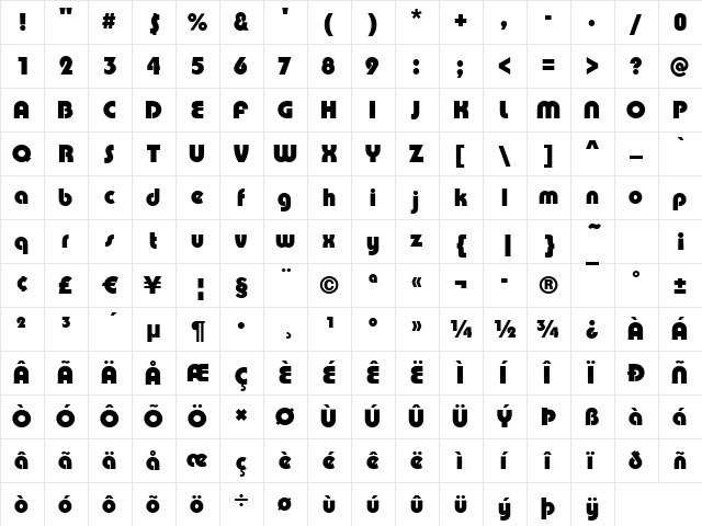 Puente Bold  glyph index