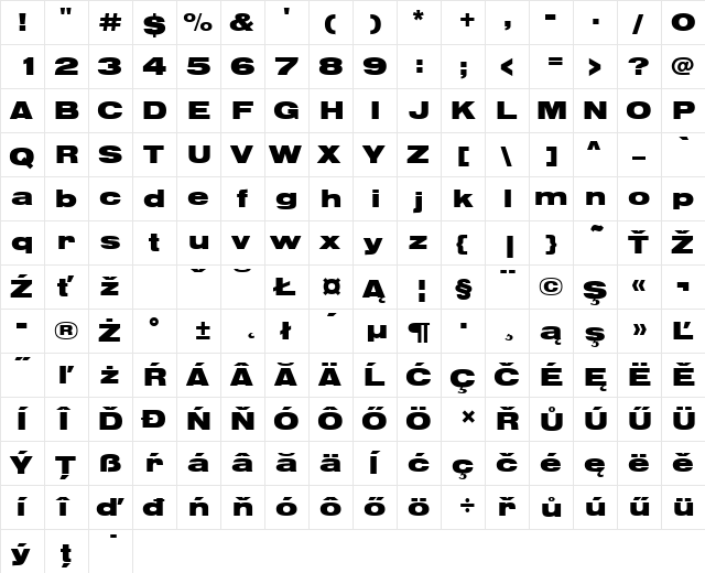 NimbusSanDEEBlaExt Regular  glyph index