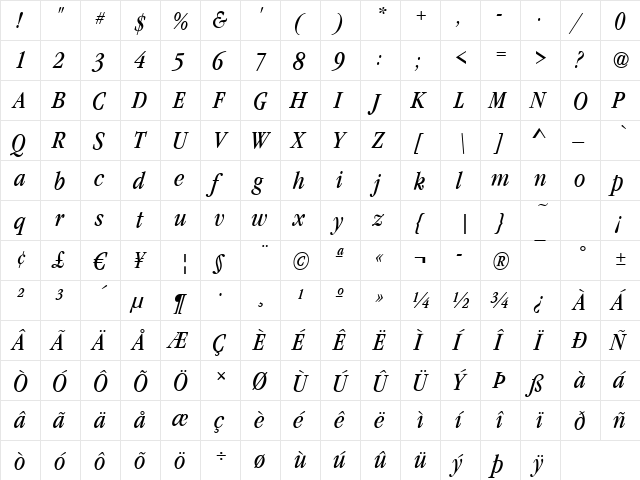 Garfeld-Nova-Cd Italic  glyph index