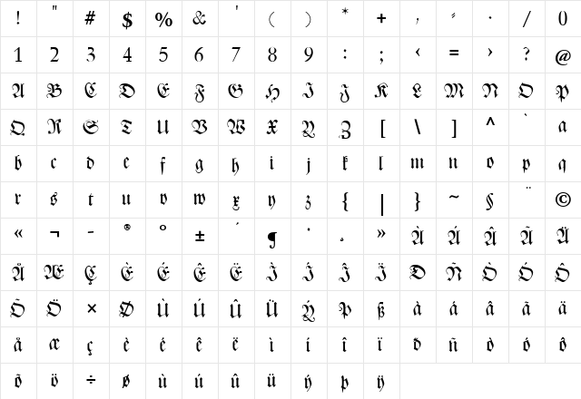 CAT Zentenaer Fraktur UNZ1 Regular  glyph index