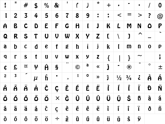 Hobo Eo Regular  glyph index