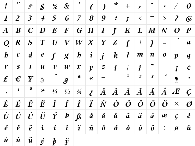 UnionBoldItalic Regular  glyph index