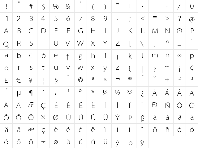 Santana Regular  glyph index
