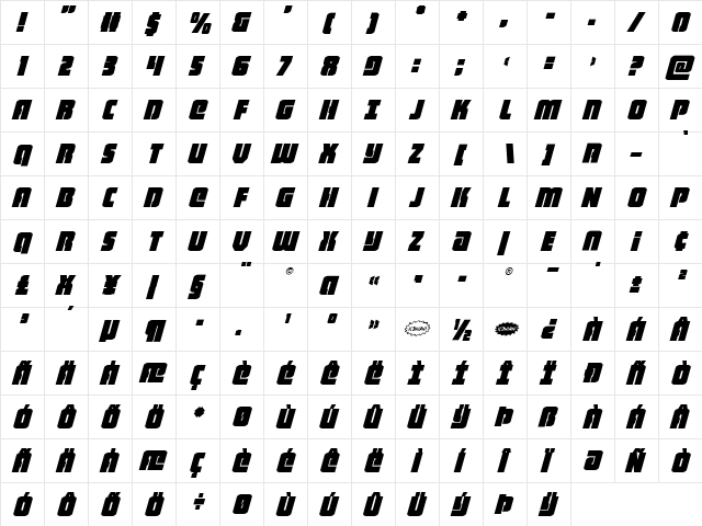Heavy Falcon Italic Italic  glyph index