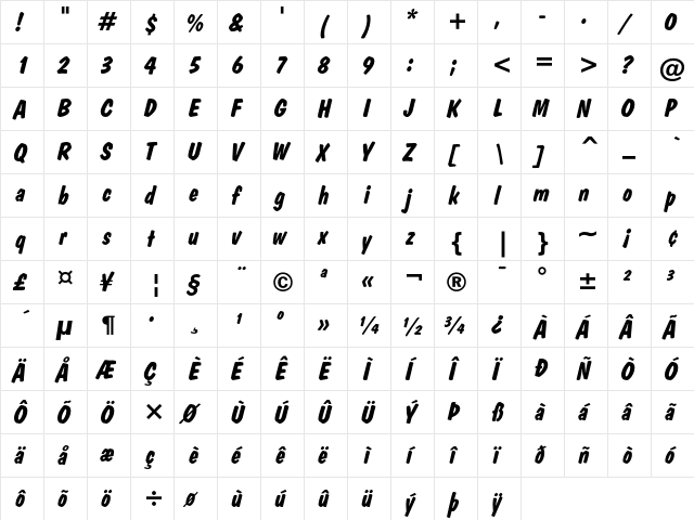 Dom Diagonal Bold  glyph index