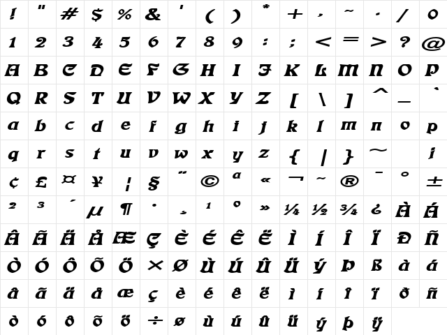 Freedom Extended BoldItalic  glyph index