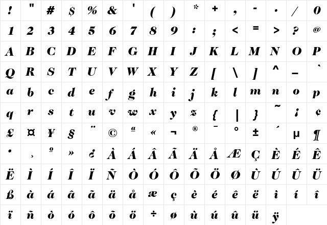 CaslonNo224EF-BlackItalic Regular  glyph index