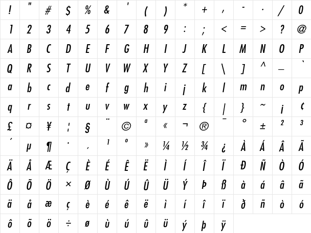 Futura Condensed Medium Oblique  glyph index