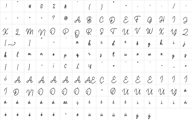 Hearthline Regular  glyph index