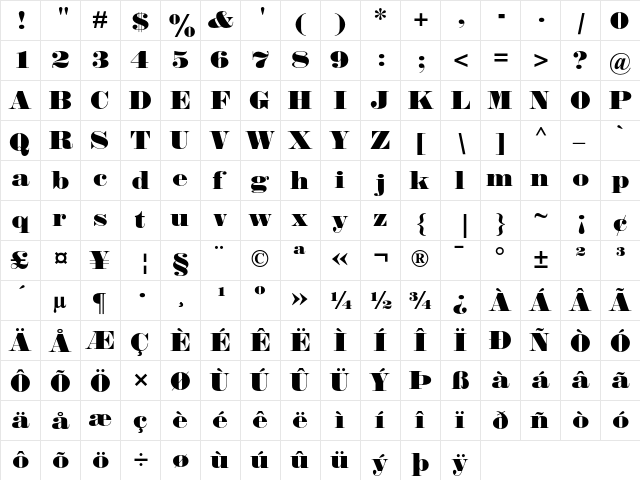 Falstaff MT Regular  glyph index