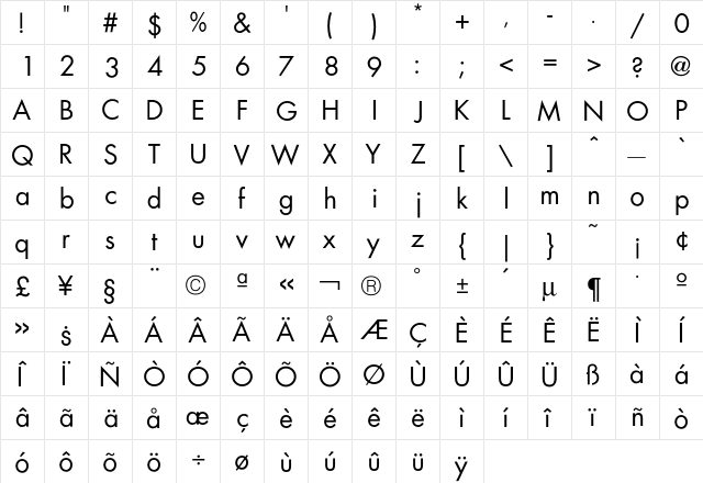FuturaICG Book  glyph index