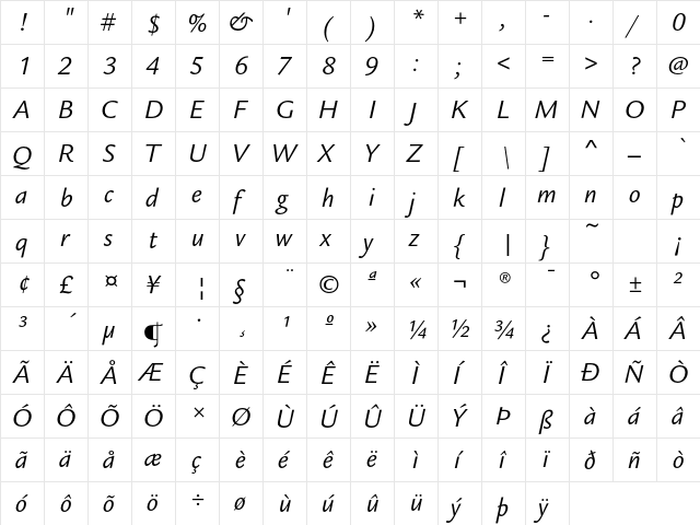 LegacySansEF BookItalic  glyph index