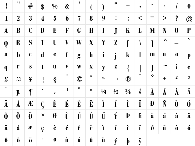 Bodoni BE Bold  glyph index