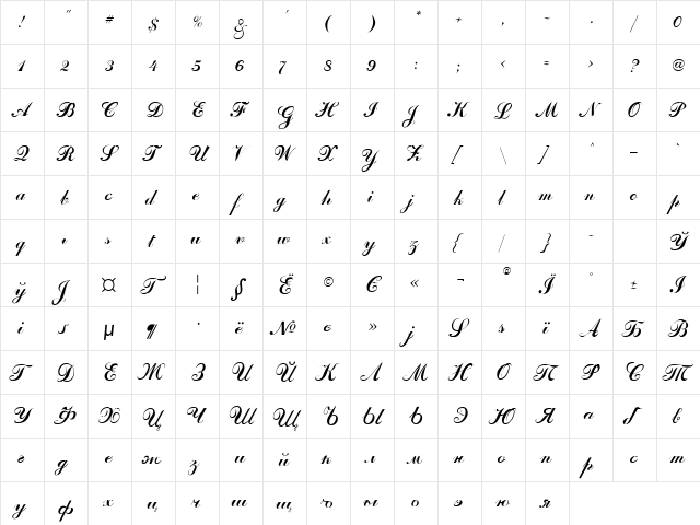 ArtScript Regular  glyph index