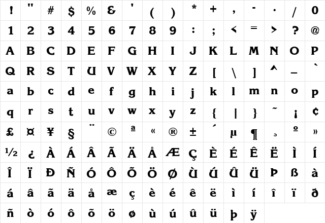 Korinna-ExtraBold Regular  glyph index