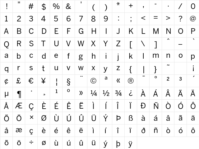 BentonSans Regular Regular  glyph index