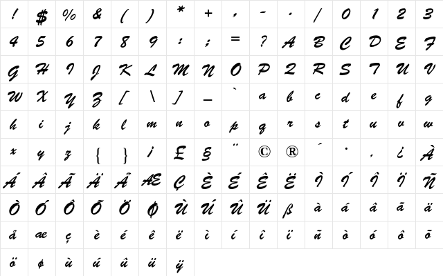 Brush BQ Regular  glyph index