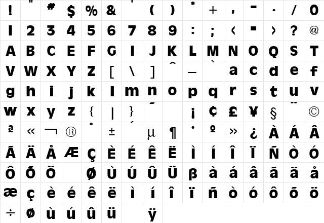 Olive Antique Bold  glyph index