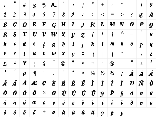 Mercurius MT Std Bold Script  glyph index