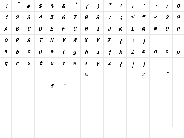 CorporateMonoBI Bold Italic  glyph index