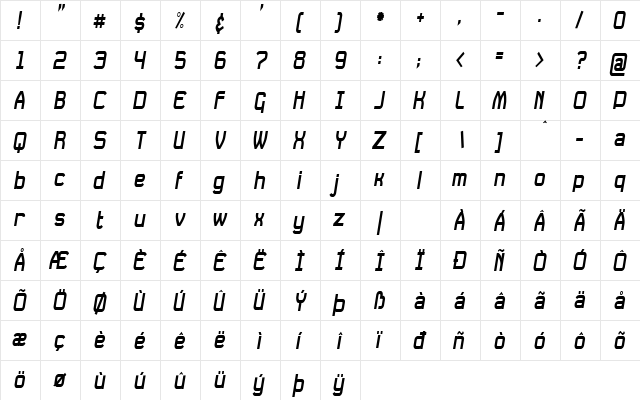 Daville Condensed Slanted Normal  glyph index