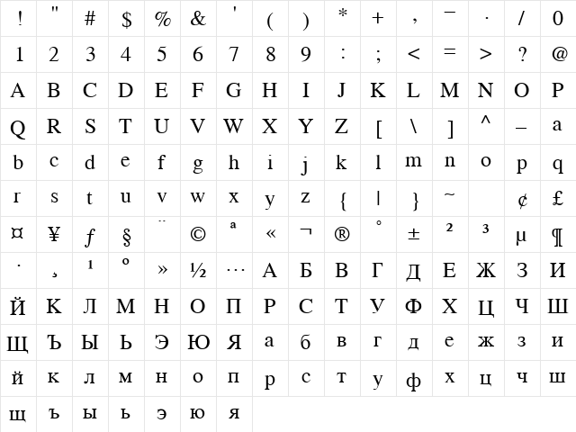 Thames A  glyph index
