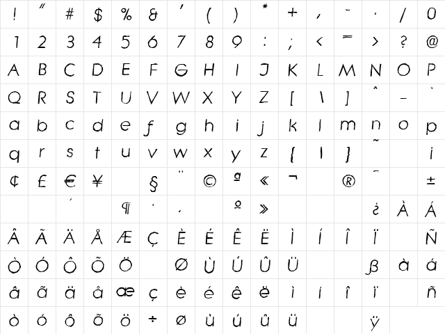 LiteraAntique Italic  glyph index