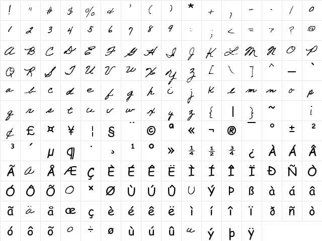 HandFont$- Regula  glyph index