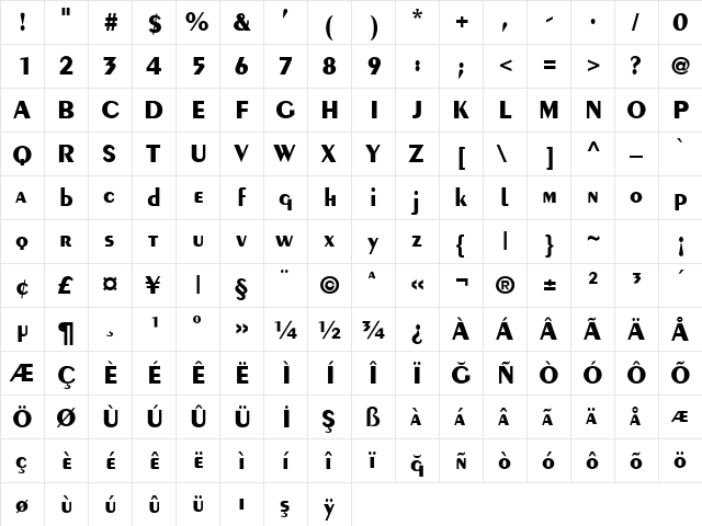 TrSah Penguin Bold  glyph index