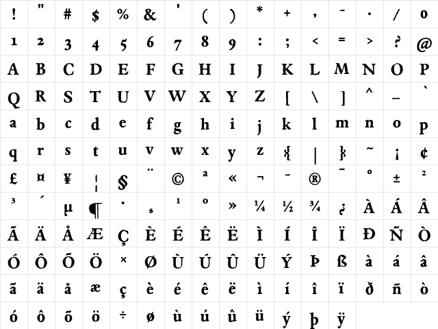 JMH Espinosa Bold  glyph index