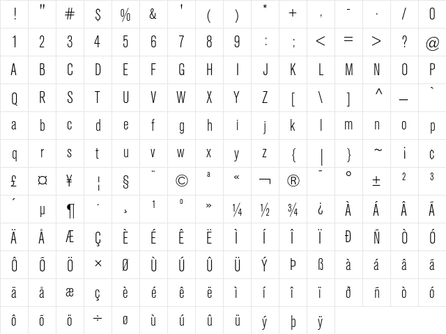 Berthold Akzidenz Grotesk BE Light Condensed  glyph index