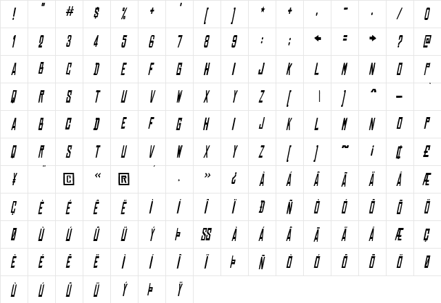 Chinese Rocks Cnd Italic  glyph index